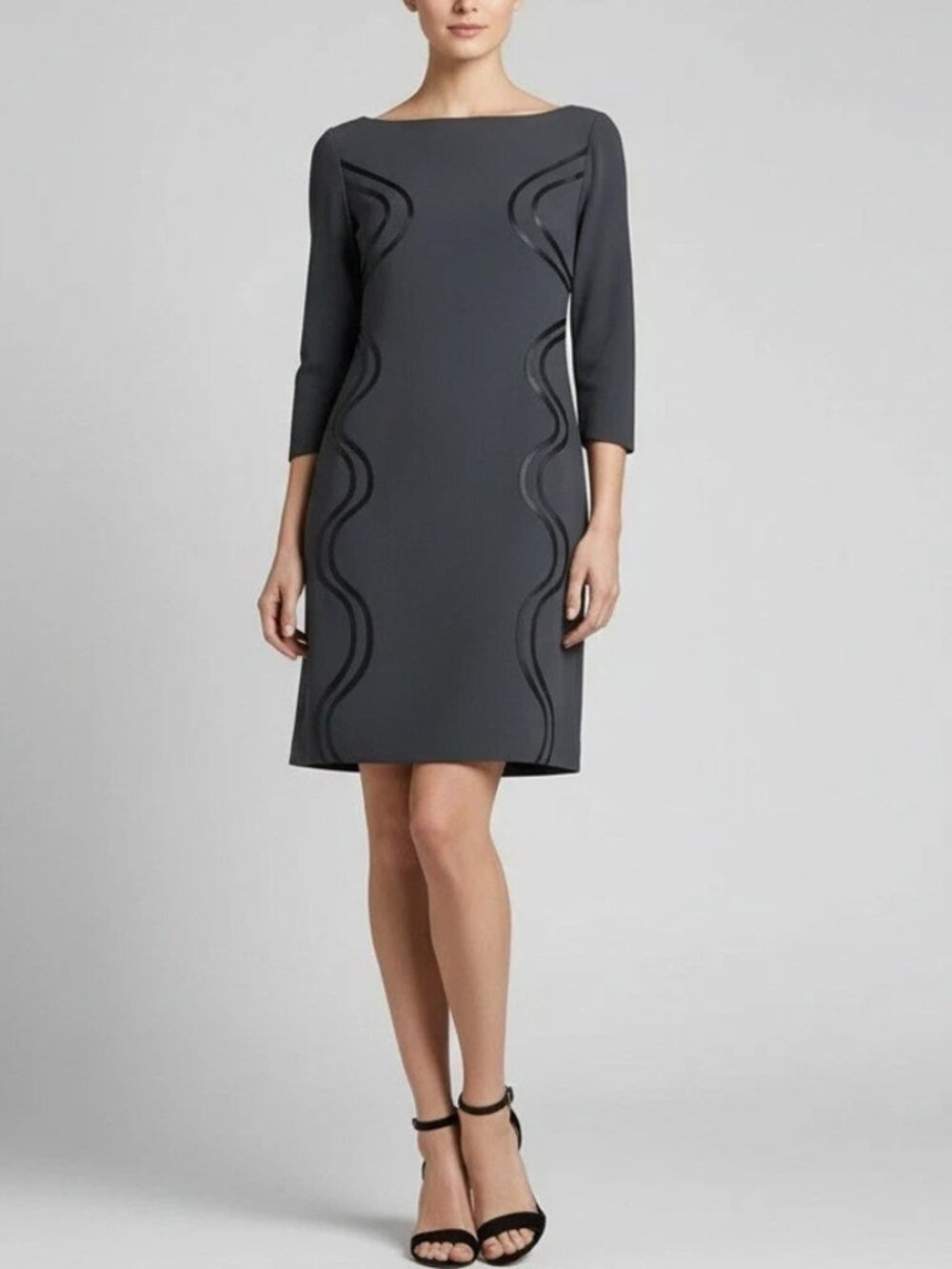 Chiara Boni Gray Black Boat Neck Sheath Dress Made In Italy Size IT 46